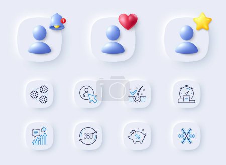 Illustration for Kpi, Gears and Loan percent line icons. Placeholder with 3d bell, star, heart. Pack of Snowflake, Anti-dandruff flakes, Full rotation icon. User, Timer pictogram. For web app, printing. Vector - Royalty Free Image