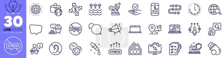 Illustration for Business way, Global business and Time line icons pack. Stress grows, Journey, Chemistry pipette web icon. Inspect, Time management, Mobile finance pictogram. Money, Internet search. Vector - Royalty Free Image