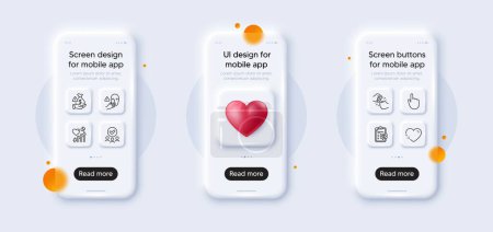 Illustration for Bribe, Dont touch and Approved group line icons pack. 3d phone mockups with heart. Glass smartphone screen. Heart, Heart beat, Hand click web icon. Eye checklist, Fist bump pictogram. Vector - Royalty Free Image