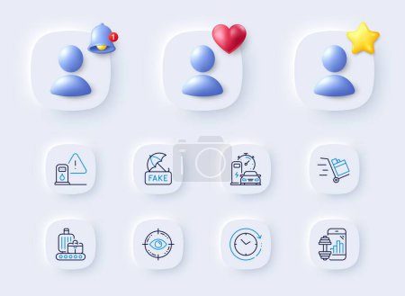 Illustration for Fake news, Eye target and Push cart line icons. Placeholder with 3d bell, star, heart. Pack of Charging station, Petrol station, Baggage belt icon. Time change, Fitness app pictogram. Vector - Royalty Free Image