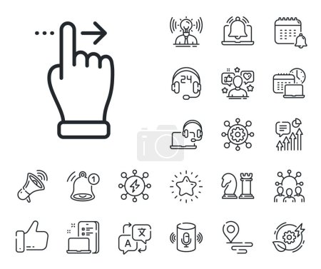 Illustration for Slide right arrow sign. Place location, technology and smart speaker outline icons. Touchscreen gesture line icon. Swipe action symbol. Touchscreen gesture line sign. Vector - Royalty Free Image