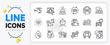Illustration for Washing machine, Clapping hands and Refresh website line icons set for app include Heartbeat, Yoga, Refresh cart outline thin icon. Love couple, Qr code, Helicopter pictogram icon. Vector - Royalty Free Image