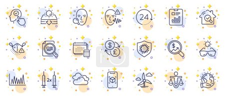 Illustration for Outline set of Save planet, Augmented reality and Report document line icons for web app. Include Currency exchange, Inspect, Windmill turbine pictogram icons. Select user, Check article. Vector - Royalty Free Image