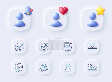 Illustration for Skin moisture, Health skin and Sunscreen line icons. Placeholder with 3d bell, star, heart. Pack of Vitamin e, Sun protection, Skirt icon. Uv protection, Vitamin pictogram. Vector - Royalty Free Image