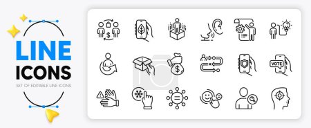 Illustration for Journey path, Security app and Bribe line icons set for app include Hold box, Find user, Whisper outline thin icon. Settings blueprint, Ethics, Online voting pictogram icon. Recruitment. Vector - Royalty Free Image