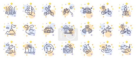 Illustration for Outline set of Delivery bike, Dumbbell and Boat line icons for web app. Include Success, Arena stadium, Strong arm pictogram icons. Bicycle parking, Boat fishing, Yoga signs. Bike. Vector - Royalty Free Image
