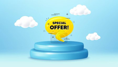 Illustration for Special offer 3d bubble banner. Winner podium 3d base. Product offer pedestal. Realistic yellow chat message. Offer tag icon. Special offer promotion message. Background with 3d clouds. Vector - Royalty Free Image