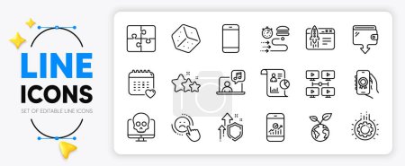 Illustration for Cyber attack, Smartphone and Report line icons set for app include Smartphone statistics, Dice, Healthcare calendar outline thin icon. Gear, Dislike, Food delivery pictogram icon. Vector - Royalty Free Image