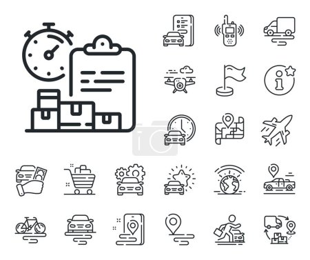 Illustration for Parcel documents sign. Plane, supply chain and place location outline icons. Delivery report line icon. Express service symbol. Delivery report line sign. Taxi transport, rent a bike icon. Vector - Royalty Free Image