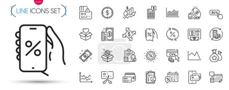 Illustration for Pack of Accounting, Loan percent and Change money line icons. Include Diagram chart, Discounts calendar, Wallet pictogram icons. Payment, Sale, Rise price signs. Discount, Discounts app. Vector - Royalty Free Image