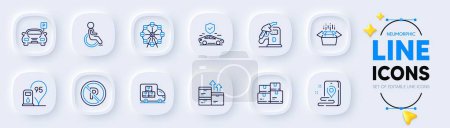 Illustration for Wholesale inventory, Parking and Ferris wheel line icons for web app. Pack of Packing boxes, Transport insurance, Delivery truck pictogram icons. Wholesale goods, Diesel station. Vector - Royalty Free Image