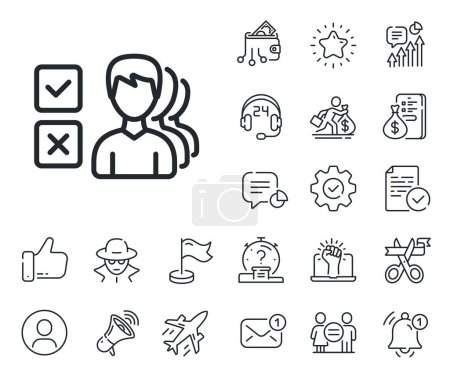 Illustration for Select answer sign. Salaryman, gender equality and alert bell outline icons. Choice line icon. Business test symbol. Opinion line sign. Spy or profile placeholder icon. Online support, strike. Vector - Royalty Free Image