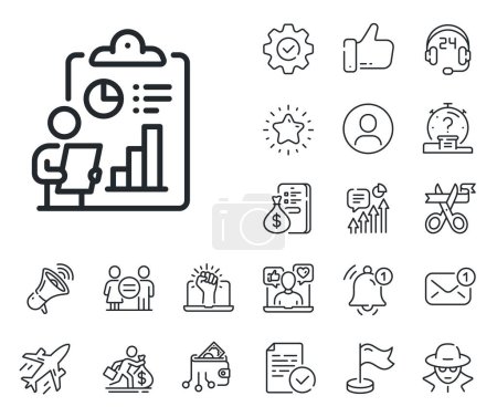 Illustration for Accounting clipboard document sign. Salaryman, gender equality and alert bell outline icons. Report line icon. Budget info symbol. Report line sign. Spy or profile placeholder icon. Vector - Royalty Free Image