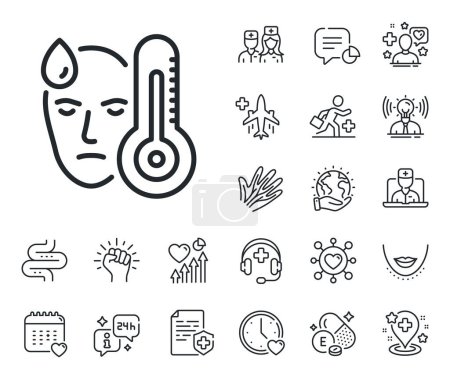 Illustration for Temperature thermometer sign. Online doctor, patient and medicine outline icons. Sick man with fever line icon. Flu illness symbol. Fever line sign. Veins, nerves and cosmetic procedure icon. Vector - Royalty Free Image