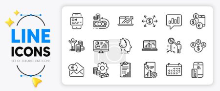 Illustration for Dollar exchange, Currency rate and Sales diagram line icons set for app include Stress, Contactless payment, Analytical chat outline thin icon. Budget profit, Calendar. Vector - Royalty Free Image