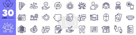 Illustration for Palette, Gear and Voting ballot line icons pack. Consulting, Calories, Insurance hand web icon. Inspect, Dermatologically tested, Dish pictogram. Article, Puzzle game, Video conference. Vector - Royalty Free Image