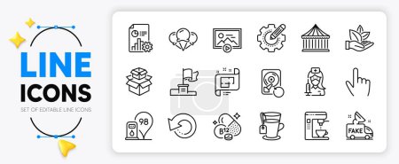 Illustration for Recovery hdd, Ice creams and Coffee maker line icons set for app include Settings gear, Packing boxes, Tea outline thin icon. Petrol station, Winner flag, Architectural plan pictogram icon. Vector - Royalty Free Image