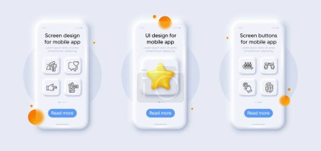 Illustration for Click hand, Search employee and Heart line icons pack. 3d phone mockups with star. Glass smartphone screen. Cursor, Fingerprint, Social distancing web icon. Fake internet, Queue pictogram. Vector - Royalty Free Image