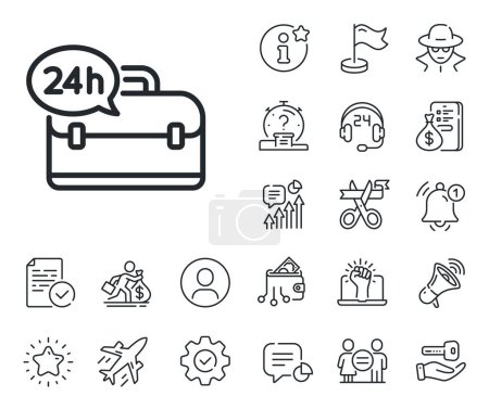 Illustration for Support help sign. Salaryman, gender equality and alert bell outline icons. 24 hour service line icon. Feedback symbol. 24h service line sign. Spy or profile placeholder icon. Vector - Royalty Free Image