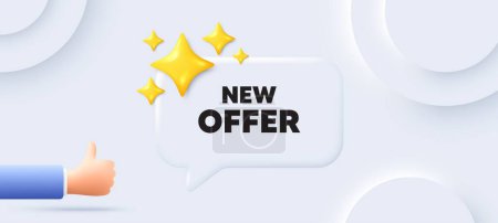 Illustration for New offer tag. Neumorphic background with chat speech bubble. Special price sign. Advertising Discounts symbol. New offer speech message. Banner with like hand. Vector - Royalty Free Image