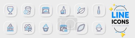 Illustration for Mint leaves, Takeaway coffee and Food market line icons for web app. Pack of Champagne, Cake, Ice cream pictogram icons. Cocoa nut, Home grill, Whiskey glass signs. Wine glass. Vector - Royalty Free Image
