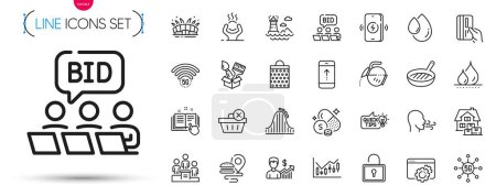 Illustration for Pack of Food delivery, Arena stadium and Roller coaster line icons. Include Oil drop, Difficult stress, Home moving pictogram icons. Delete purchase, Business growth, Lighthouse signs. Vector - Royalty Free Image