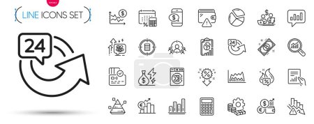 Illustration for Pack of Annual tax, Electricity price and Pie chart line icons. Include Stress grows, Pyramid chart, Money pictogram icons. 24 hours, Document, Bitcoin signs. Deflation, Analytical chat. Vector - Royalty Free Image