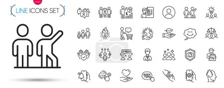 Illustration for Pack of Eye detect, Customer satisfaction and Difficult stress line icons. Include Helping hand, Insurance hand, Partnership pictogram icons. Business hierarchy, Quick tips, Leaf signs. Vector - Royalty Free Image