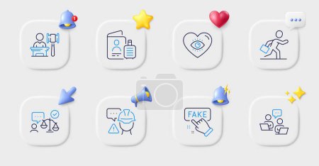 Illustration for Passport, Businessman run and Auction line icons. Buttons with 3d bell, chat speech, cursor. Pack of Fake information, Builder warning, Meditation eye icon. Teamwork, Lawyer pictogram. Vector - Royalty Free Image