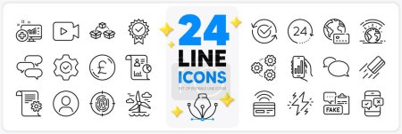 Illustration for Icons set of Talk bubble, Pound money and Approved line icons pack for app with Medical analytics, Fingerprint, Report thin outline icon. Windmill, Contactless payment, Fake document pictogram. Vector - Royalty Free Image
