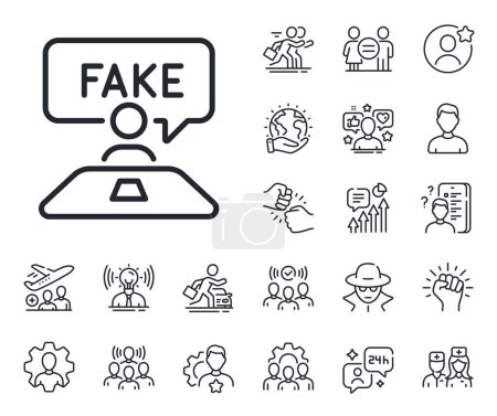 Illustration for Social propaganda sign. Specialist, doctor and job competition outline icons. Fake review line icon. Wrong truth symbol. Fake review line sign. Avatar placeholder, spy headshot icon. Vector - Royalty Free Image