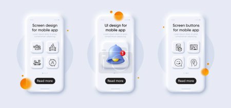 Illustration for Idea head, Seo strategy and User info line icons pack. 3d phone mockups with bell alert. Glass smartphone screen. Parking security, Yummy smile, Internet document web icon. Vector - Royalty Free Image