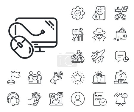Illustration for PC mouse component sign. Salaryman, gender equality and alert bell outline icons. Computer line icon. Monitor symbol. Computer mouse line sign. Spy or profile placeholder icon. Vector - Royalty Free Image
