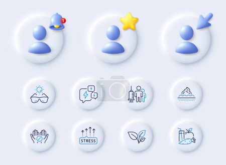 Illustration for Leaves, Juice and Stress grows line icons. Placeholder with 3d cursor, bell, star. Pack of Skin care, Stress, Medical vaccination icon. Sunglasses, Medical tablet pictogram. Vector - Royalty Free Image