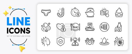 Illustration for Water bottle, Fuel energy and Safe time line icons set for app include Calories, Vitamin c, Ice cream outline thin icon. Panties, Donation, Brand pictogram icon. No cash, Stress grows. Vector - Royalty Free Image