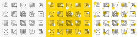 Illustration for Square meter, Area size and Floor plan set. Dimension line icons. Box size dimension, room space and perimeter line icons. Post office package sizes, square area and triangle corner. Vector - Royalty Free Image