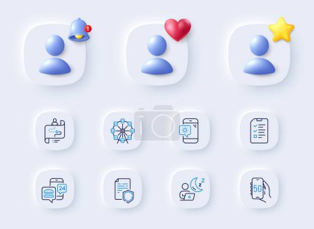 Illustration for Interview, Ferris wheel and 5g internet line icons. Placeholder with 3d bell, star, heart. Pack of Shift, Food app, Data security icon. Weather phone, Journey path pictogram. Vector - Royalty Free Image