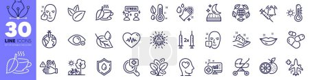 Illustration for Mattress, Face attention and Medical flight line icons pack. Orange, Heartbeat, Myopia web icon. Blood donation, Skin care, Spinach pictogram. Medical analyzes, Bicycle, Vaccine announcement. Vector - Royalty Free Image