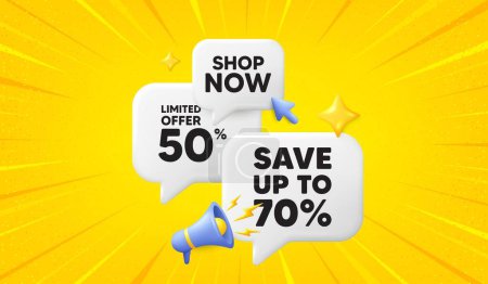 Illustration for Save up to 70 percent tag. 3d offer chat speech bubbles. Discount Sale offer price sign. Special offer symbol. Discount speech bubble 3d message. Talk box megaphone banner. Vector - Royalty Free Image