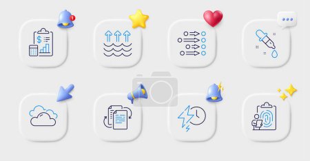 Illustration for Order, Report and Cloudy weather line icons. Buttons with 3d bell, chat speech, cursor. Pack of Chemistry pipette, Fingerprint, Bureaucracy icon. Evaporation, Charging time pictogram. Vector - Royalty Free Image