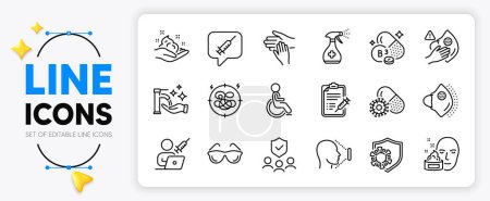 Illustration for Washing hands, Vaccination appointment and Eyeglasses line icons set for app include Face id, Niacin vitamin, Coronavirus outline thin icon. People insurance, Dirty mask. Vector - Royalty Free Image