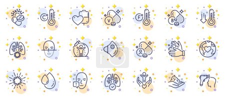 Illustration for Outline set of Low thermometer, Vaccine protection and Electronic thermometer line icons for web app. Include Lungs, Medical mask, Wash hands pictogram icons. Skin care. Circles with 3d stars. Vector - Royalty Free Image
