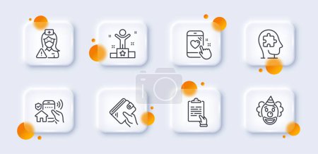 Illustration for House security, Nurse and Mental conundrum line icons pack. 3d glass buttons with blurred circles. Clipboard, Heart rating, Clown web icon. Winner, Wallet pictogram. For web app, printing. Vector - Royalty Free Image