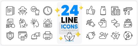 Illustration for Icons set of Copy documents, Fraud and User communication line icons pack for app with Smartphone protection, Donate, Printer thin outline icon. Windy weather, T-shirt, Voicemail pictogram. Vector - Royalty Free Image