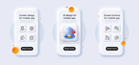 Illustration for Save planet, Cogwheel and Social responsibility line icons pack. 3d phone mockups with bell alert. Glass smartphone screen. Insomnia, User notification, Income money web icon. Vector - Royalty Free Image