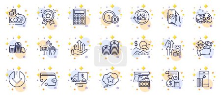 Illustration for Outline set of Loyalty award, Check investment and Currency line icons for web app. Include Bitcoin, Bid offer, Cash transit pictogram icons. Contactless payment, Cashback, Accounting signs. Vector - Royalty Free Image