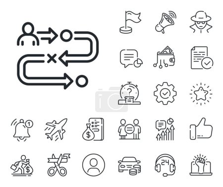 Illustration for Project process sign. Salaryman, gender equality and alert bell outline icons. Journey path line icon. Journey path line sign. Spy or profile placeholder icon. Online support, strike. Vector - Royalty Free Image