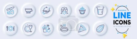 Illustration for Pasta, Food delivery and Pizza line icons for web app. Pack of Dry cappuccino, Cooking beaker, Dish plate pictogram icons. Almond nut, Wedding glasses, Potato chips signs. Frying pan. Vector - Royalty Free Image