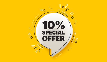 Illustration for 10 percent discount offer tag. 3d speech bubble yellow banner. Sale price promo sign. Special offer symbol. Discount chat speech bubble message. Talk box infographics. Vector - Royalty Free Image