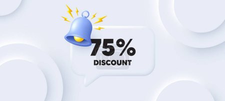 Illustration for 75 percent discount tag. Neumorphic background with chat speech bubble. Sale offer price sign. Special offer symbol. Discount speech message. Banner with bell. Vector - Royalty Free Image